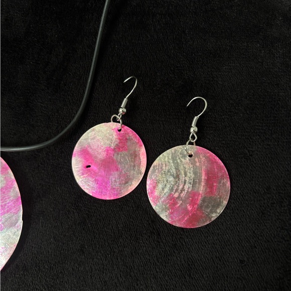 Handcrafted Pink and Silver Circular Pendant Necklace & Earrings Set - Picture 5 of 5